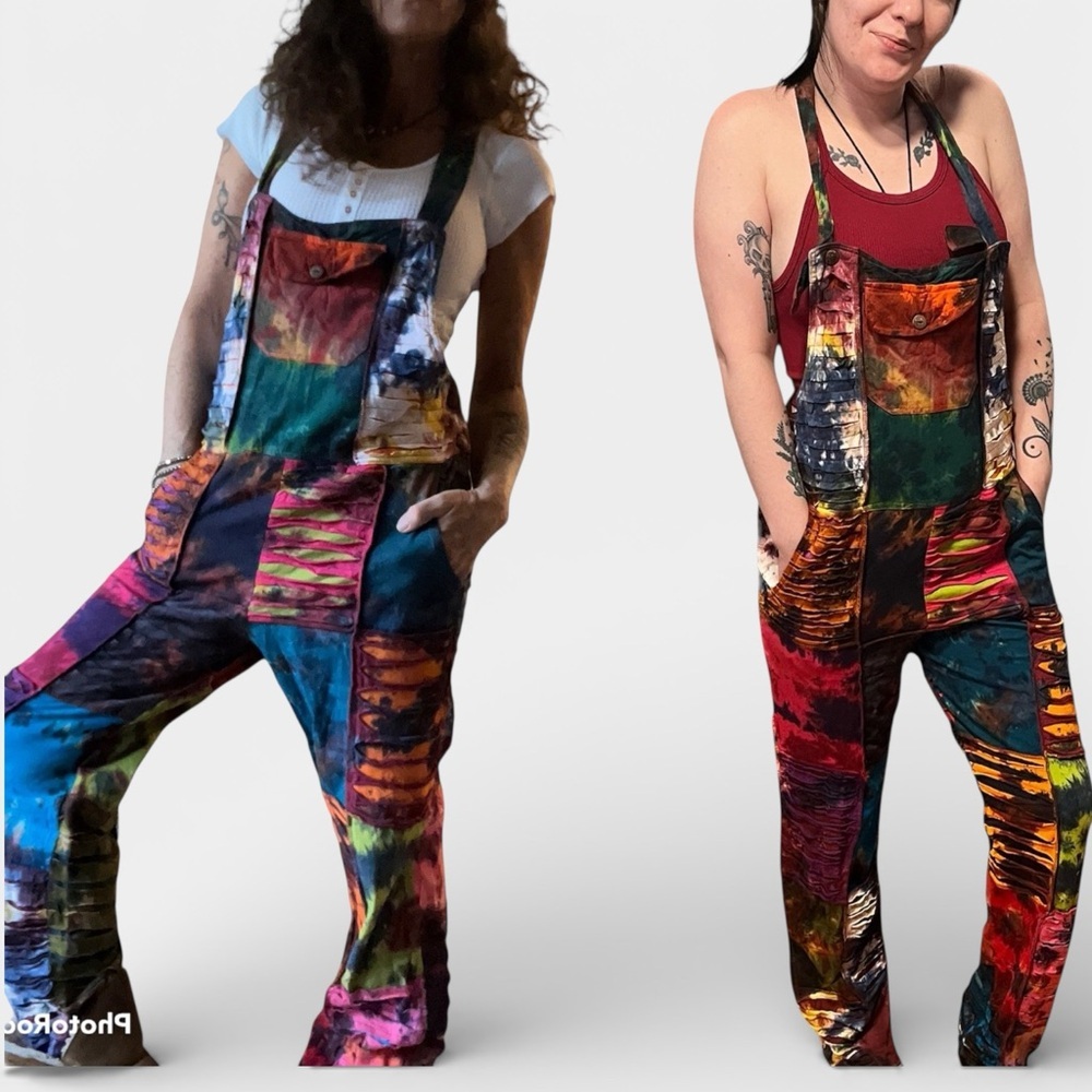 Kathmandu Imports Colorful Tie Dye Patchwork Unisex Cotton Knit Overalls NWT - Picture 5 of 8